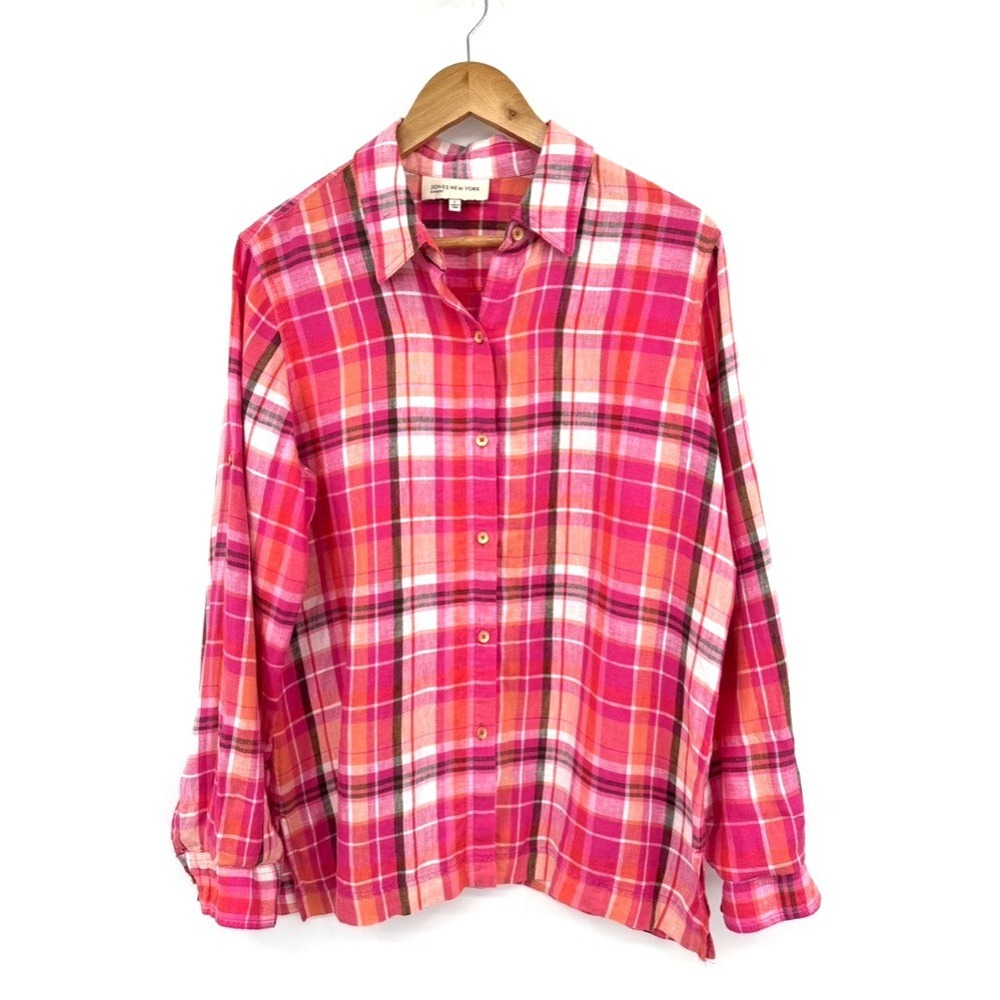 Jones New York Sport Shirt L 100% Linen Plaid Madras Button Front Preppy - Picture 2 of 12